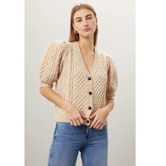 Rails Sweaters - RAILS Isla Cardigan Sweater Short Puff Sleeve Cream Confetti Medium Wool Blend